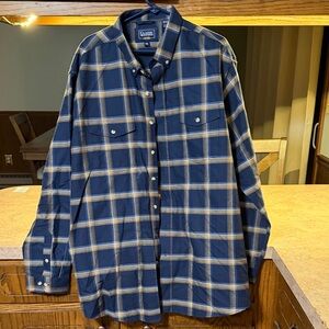 Cabela's Navy and Tan Plaid Button Down Shirt